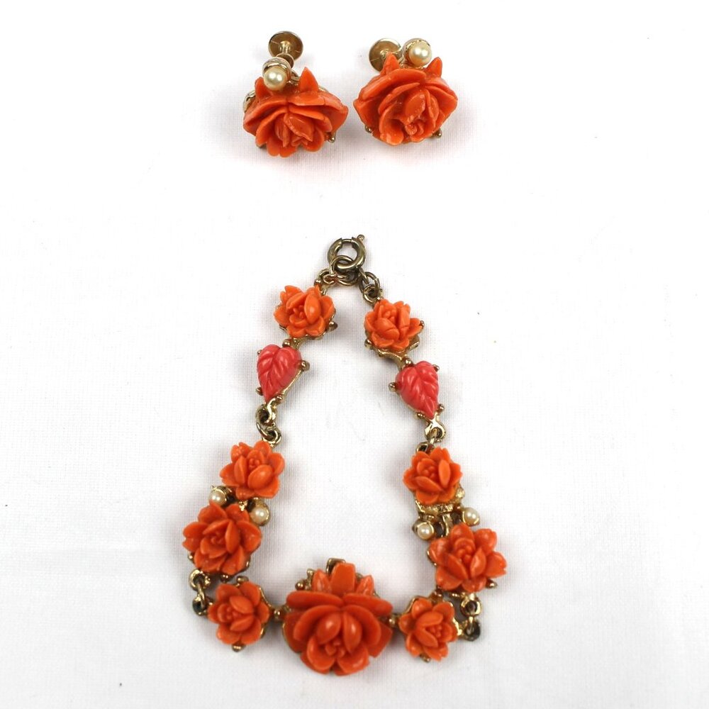 Vintage Japan Carved Imitation Coral Rose Bracelet & Screw Back Earrings Set VTG